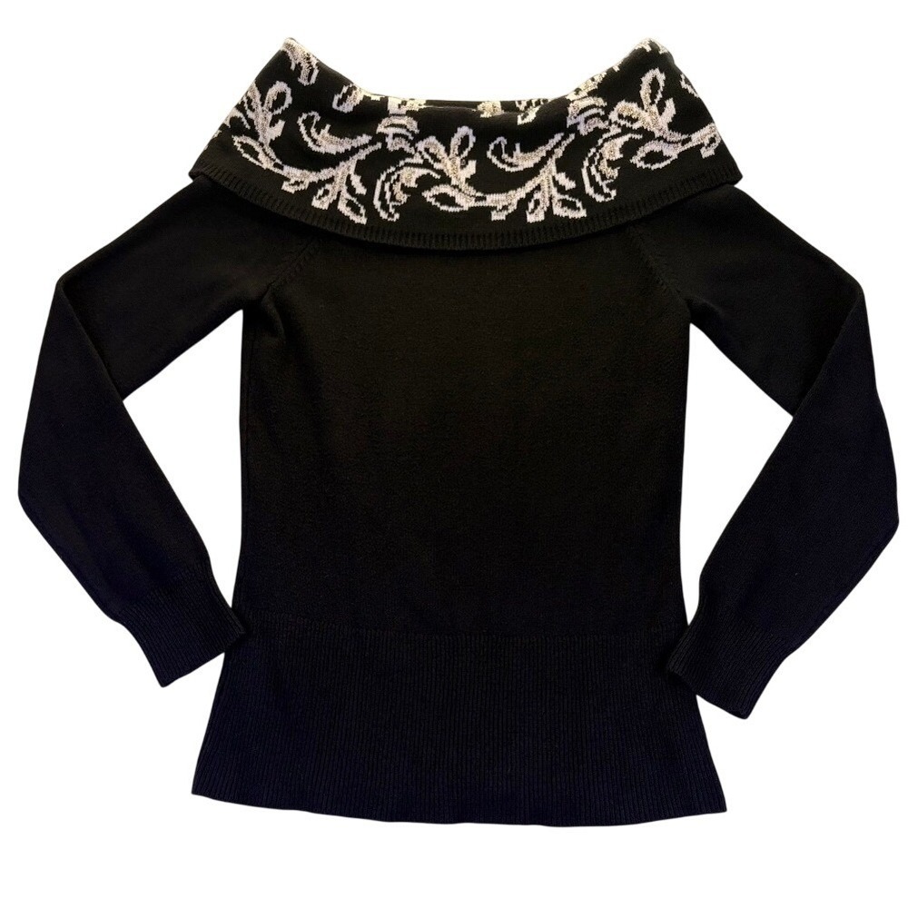 White House Black Market Woman's Metallic Floral Portrait Collar Sweater S Chic